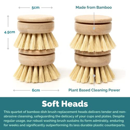 Jungle Culture Replacement Brush Heads for Eco Dish Brush • Wooden Washing Up Brush Heads Pack of 4 • Interchangeable Soft Bristle Refills • Natural Dish Scrubbers • Zero Waste Cleaning Products