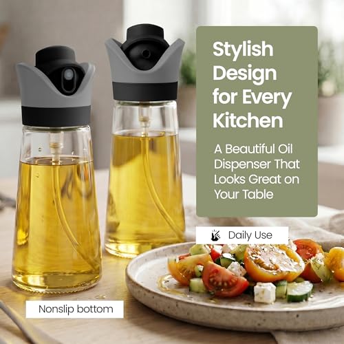 DWËLLZA KITCHEN Olive Oil Dispenser for Kitchen 2-in-1 Pour and Spray | 11.5 oz / 340 ml | Glass Olive Oil Sprayer for Cooking, Airfryer, Salad & BBQ | Set of 2 Bottles, Black - color: Black