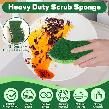 12 Count Heavy Duty Scrub Sponges,Long Lasting Cleaning Sponges for Cleaning Kitchen and Household, Dishes,Dual Sided Kitchen Sponges for Non-Coated Cookware-Green - color: Green-12