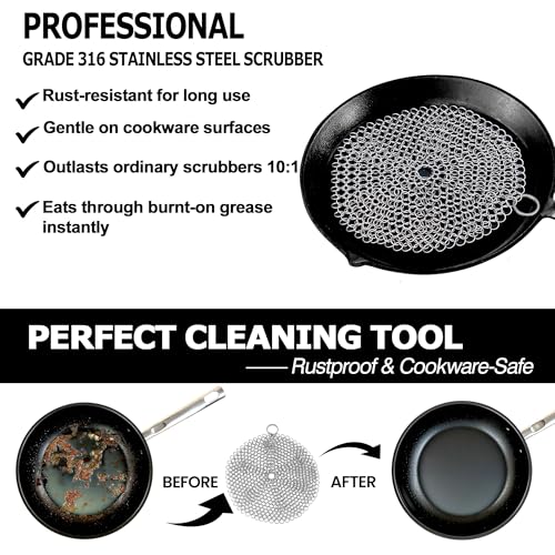 TOPULORS 316 Stainless Steel Cast Iron Skillet Cleaner Scraper Chain Link Chainmail Scrubber for Cast Iron Pans, Pre-Seasoned Pans, Griddle Pans, BBQ Grills, and More Pot Cookware-Round 7 in Diameter - size: Round - 7 inches diameter