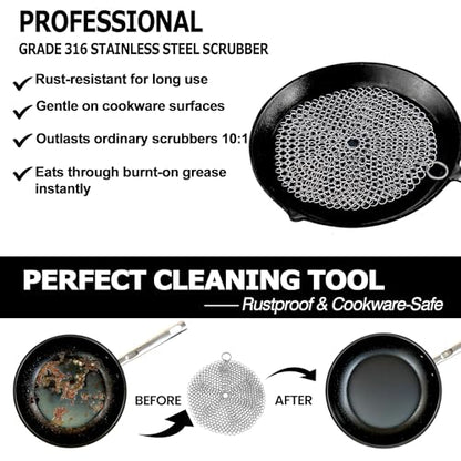 TOPULORS 316 Stainless Steel Cast Iron Skillet Cleaner Scraper Chain Link Chainmail Scrubber for Cast Iron Pans, Pre-Seasoned Pans, Griddle Pans, BBQ Grills, and More Pot Cookware-Round 7 in Diameter - size: Round - 7 inches diameter