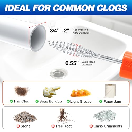 Drainsoon Auto Feed Drain Auger with Drill Adapter, 33 Feet Drain Snake Hair Clog Remover, Manual or Powered Plumbing Snake Drain Cleaner for Bathroom, Shower, Kitchen Sink, Comes with Gloves - color: Orange