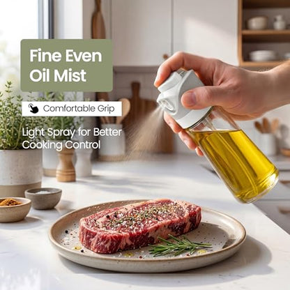 Olive Oil Dispenser for Kitchen 2-in-1 Pour and Spray | 11.5 oz / 340 ml | Glass Olive Oil Sprayer for Cooking, Airfryer, Salad & BBQ | Set of 2 Bottles, White - color: White