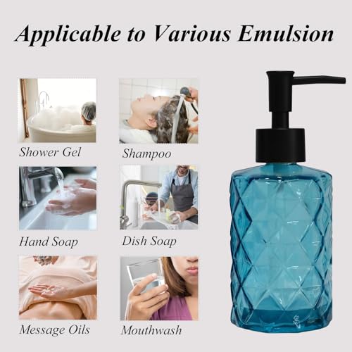 12Oz Small Glass Soap Dispenser with Black Plastic Pump, Blue Refillable Kitchen Countertop Liquid Hand Soap Dispensers with Diamond Design, Crystal Bathroom Lotion Bottle for Dispense Dish Soap - color: Blue Diamond
