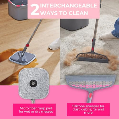 True & Tidy True Clean Spin Mop & Bucket System – Dual Compartment Design for Clean & Dirty Water, 360° Swivel Mop Head, Built-in Scrubbing Brush, Stainless Steel Handle & 2 Reusable Microfiber Pads - size: Spin Mop Deluxe