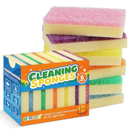 UNIMADE Scrub Sponge, Temperature Responsive Dual-Sided Cleaning Sponges, Non-Scratch Dish Sponge for Kitchen, Soft in Warm Water & Firm in Cold, 6 Pack - size: 6 Pack