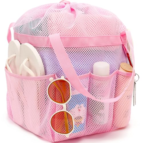 Fammart Mesh Shower Caddy Portable with Drawstring, Dorm Room Essentials for College Girls Guys, 8-Pocket Extra Large Shower Bag Basket Tote for Camping Beach Gym Travel Toiletry Bathroom - color: Extra Large, Drawstring Closure - Pink