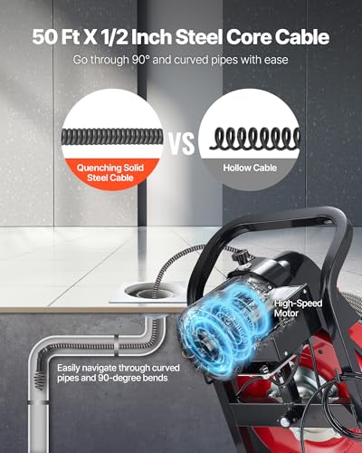 VEVOR 50FT x 1/2 Inch Drain Cleaning Machine, 250W Electric Drain Auger, Portable Sewer Snake Auger Cleaner with Cutters & Air-Activated Foot Switch for 1" to 4" Pipes, Black, Red - style: 50 FT x 1/2''