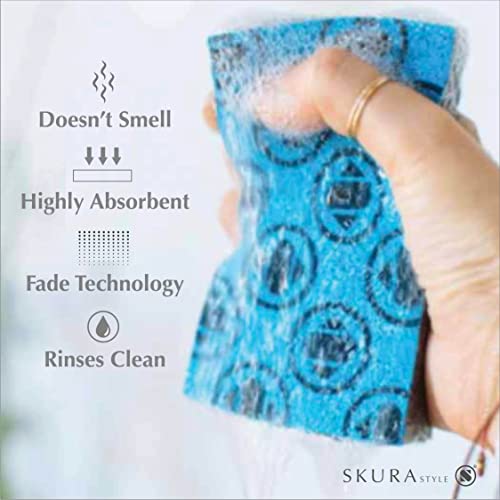 Skura Style Sponges & Scouring Pads Set — 4 Odor Free, Non-Scratch Kitchen Sponges + 4 Very SKRUBBY Heavy-Duty Scouring Pads for Caked-On/Baked-On Messes