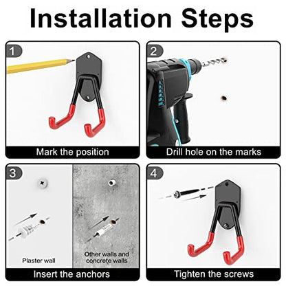WALMANN 12 PCS Garage Storage System Hooks, Wall Mount Heavy Duty Rubber Coated Utility Hooks for Garden Tools, Ladders, Cords, Folding Chairs, Weed Eaters, Shovels and Rakes