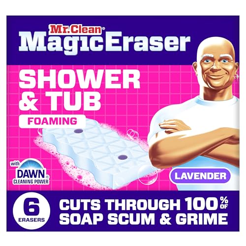 Mr. Clean Magic Eraser Sponge, Bathroom, Shower, Tub Cleaner, Soap Scum Remover, Bathroom Cleaning Supplies, Dawn Cleaning Power with Lavender Scent, Shower & Tub, 6ct - size: 1 Count (Pack of 6), style: Upgraded Version