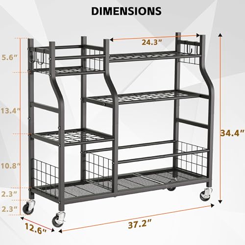 Garden Tool Organizer with Wheels for Garage and Shed, Spacious Tool Storage, Multi-Tier Design with Side Hooks for Rakes, Shovels, Brooms, and Yard Tools Rolling Cart - size: 37.2 x 12.6 x 34.4