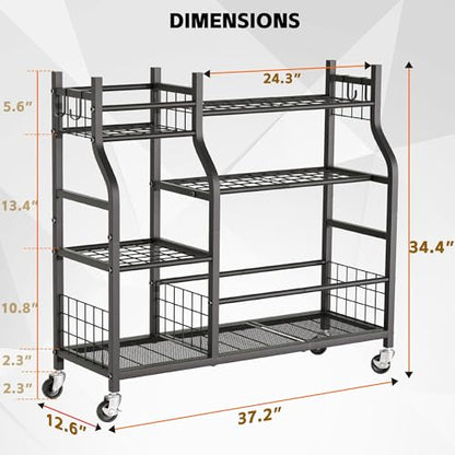 Garden Tool Organizer with Wheels for Garage and Shed, Spacious Tool Storage, Multi-Tier Design with Side Hooks for Rakes, Shovels, Brooms, and Yard Tools Rolling Cart - size: 37.2 x 12.6 x 34.4