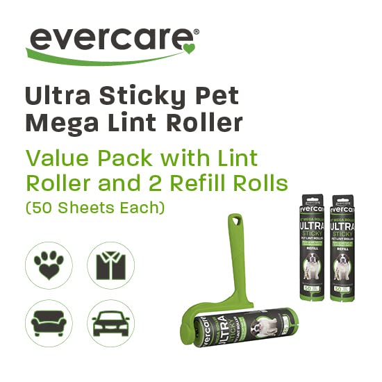 Evercare Ultra Sticky Pet Mega Lint Roller Value Pack, Manual Clothes & Furniture Cleaner with Handle and 2 Refills, 50 Sheets Each - size: Roller w/ 2 Refills (125 Sheet Count), style: Pet Mega Lint Roller + 2 Refills