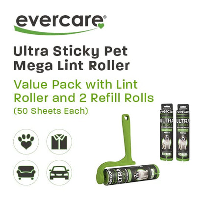 Evercare Ultra Sticky Pet Mega Lint Roller Value Pack, Manual Clothes & Furniture Cleaner with Handle and 2 Refills, 50 Sheets Each - size: Roller w/ 2 Refills (125 Sheet Count), style: Pet Mega Lint Roller + 2 Refills