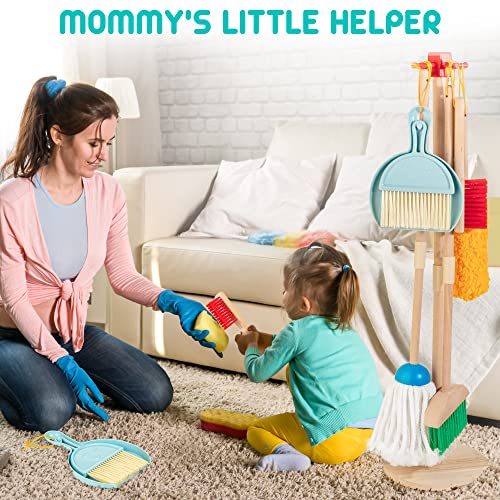 Kids Cleaning Set, 8 Pcs Wooden Housekeeping Play Set Includes Broom Mop Duster Dustpan Brushes Rag and Organizing Stand, Cleaning Toys Gift for Toddlers Girls Boys Age 3-6, Solid Beech Wood
