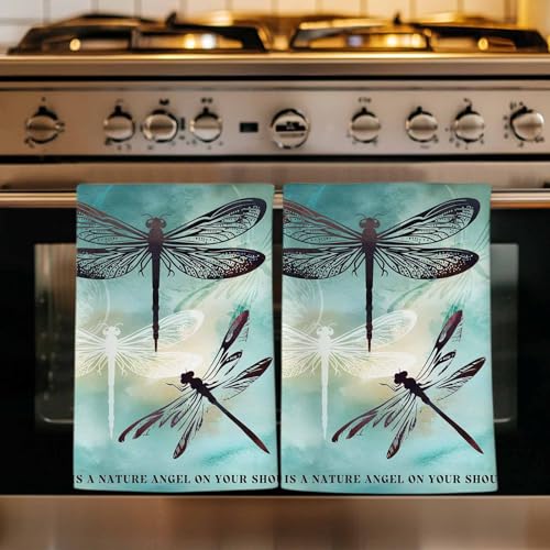 Turquoise Dragonfly Kitchen Towels Set of 3, Ultra Absorbent Dish Towels Quick Drying Microfiber Hand Towel Decorative Country Gradient Black Animals Tea Towel Dishcloths for Kitchen Cleaning 18"x28" - size: 3 Pack