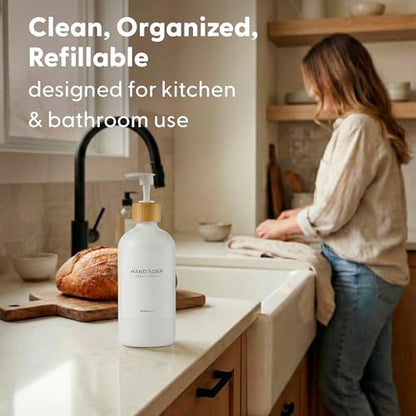 MaisoNovo Glass Hand Soap Dispenser | Dish Soap Dispenser for Kitchen | 16.9oz White Bottles with White Bamboo Pump | Bathroom Lotion Dispenser - color: Single White Bottle/White Bamboo Pump