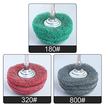 6PCS Non Woven Abrasive Buffing Polishing Wheel Drill Attachment Set,Scouring Pads Power Scrubber Cleaning Kit, Power-Operated Abrasive Wheels（ Green red Gray 1/4” Shank