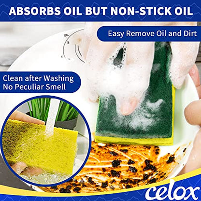 CELOX 12 Pack Dual Sided Heavy Duty Scrub Sponge and 2 Set Compact Toilet Brush with Breathable Ventilation Stand Base