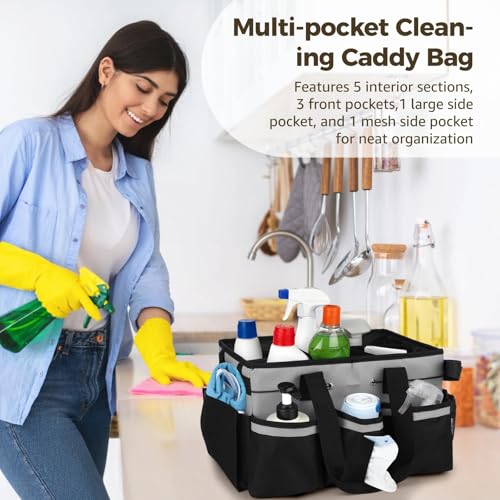 Wearable Cleaning Caddy Bag, Large Housekeeping Supply Organizer with Adjustable Shoulder Strap, Waist Strap and Handle, 600D Oxford Cleaning Tote with Dividers for Kitchen, Car Detailing, Black Gray