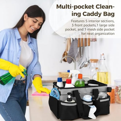 Wearable Cleaning Caddy Bag, Large Housekeeping Supply Organizer with Adjustable Shoulder Strap, Waist Strap and Handle, 600D Oxford Cleaning Tote with Dividers for Kitchen, Car Detailing, Black Gray