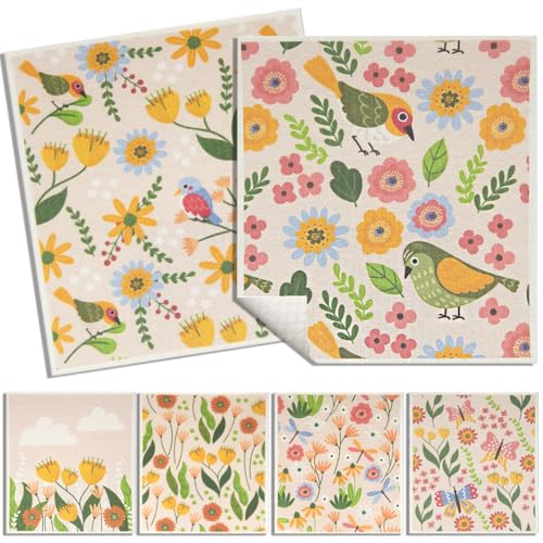 6 - Pack Swedish Kitchen Dish Cloths - Reusable Paper Towels for Counters & Dishes - Eco Friendly Cellulose Sponge Cloth (Broken Flowers) - color: H-broken Flowers