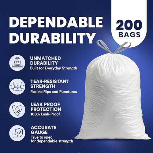 Plasticplace 8 Gallon Trash Bags -White Drawstring Garbage Can Liners - 200 Count - Leak-Resistant and Tear-Proof for Kitchen, Bathroom, Office, and Small Trash Cans 0.7 Mil - size: 200 Count (Pack of 1)