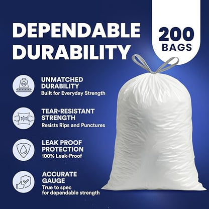 Plasticplace 8 Gallon Trash Bags -White Drawstring Garbage Can Liners - 200 Count - Leak-Resistant and Tear-Proof for Kitchen, Bathroom, Office, and Small Trash Cans 0.7 Mil - size: 200 Count (Pack of 1)