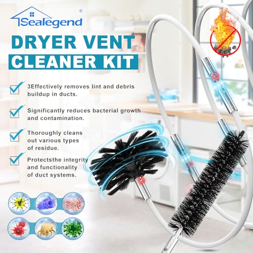 Sealegend 40 Feet Dryer Vent Cleaner Kit/Lint Remover/Upgraded Flexible Quick-Snap Brush with Drill Attachment/Fireplace Chimney Brushes for Easy to Use/Works with or Without Power Drill - size: 40FEET