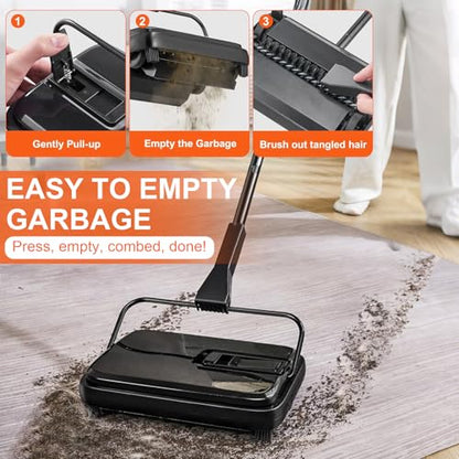 Carpet Sweeper, 7.87 in Sweeping Paths, Floor Sweeper Manual Non Electric, 300 ml Dustbin Capacity with Comb for Home Office Rugs Hardwood Surfaces Wood Floors Laminate, Cleans Dust Pet Hair