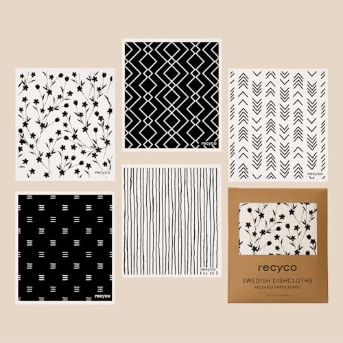 RECYCO Swedish Dishcloths for Kitchen | 5 Pack Geometric Washable Dish Rags | Cellulose Reusable Cleaning Paper Towels | Absorbent Counter Dish Cloth Sponge Kitchen Wipes, 8" L x 7" W - color: Geometric