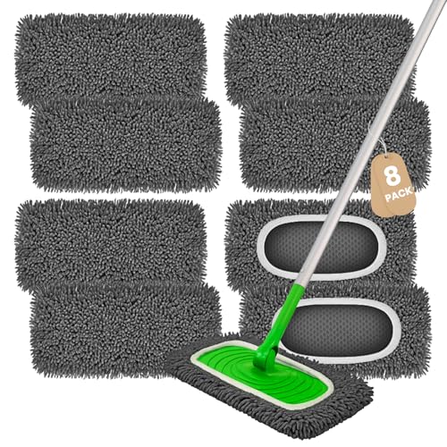8 Pack Chenille Mop Pads, Reusable Microfiber Mop Refills for 10''–12'' Flat Mops, Washable Wet & Dry Floor Pads for Hardwood, Tile, Compatible with Swiffer Sweeper(Gray)