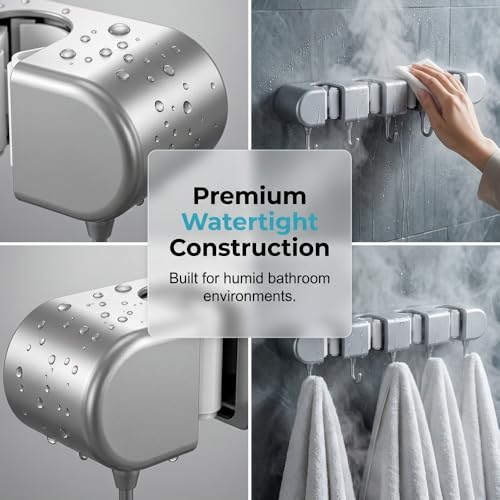 Wall Mounted Mop and Broom Holder, 4 Racks with 5 Hooks, Vacuum Suction Cup Design, Rust-Proof ABS Organizer for Kitchen Bathroom Garage Laundry Room (Grey)