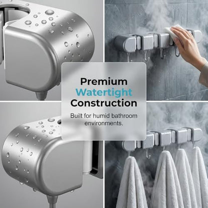 Wall Mounted Mop and Broom Holder, 4 Racks with 5 Hooks, Vacuum Suction Cup Design, Rust-Proof ABS Organizer for Kitchen Bathroom Garage Laundry Room (Grey)