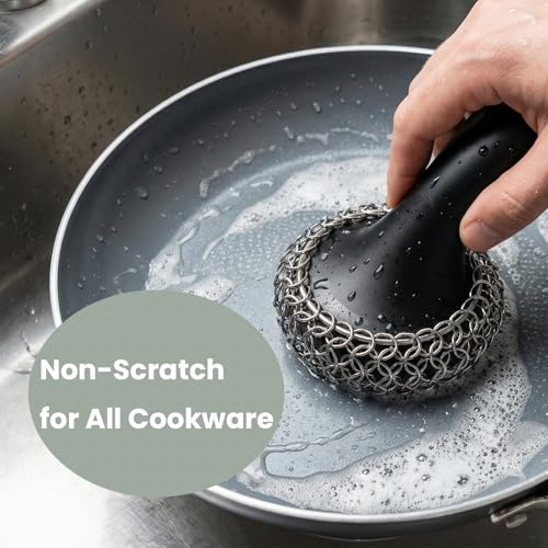 Cast Iron Scrubber with Long Handle | 316 Cast Iron Cleaner Chainmail Scrubber for Cast Iron Pan Skillet Cleaner - Dish Scouring Pad Dishwasher Safe Cleaning Kit (Black, 1 Scrubber + 1 Scraper) - color: Black, 1 Scrubber + 1 Scraper
