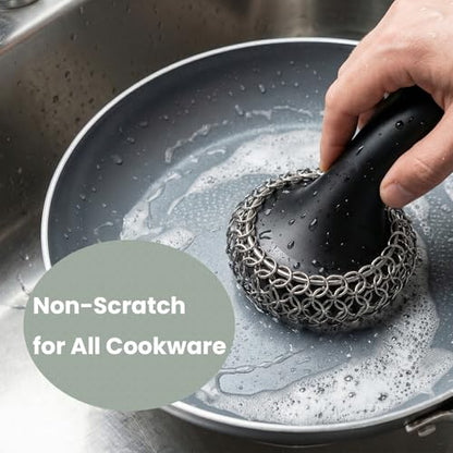 Cast Iron Scrubber with Long Handle | 316 Cast Iron Cleaner Chainmail Scrubber for Cast Iron Pan Skillet Cleaner - Dish Scouring Pad Dishwasher Safe Cleaning Kit (Black, 1 Scrubber + 1 Scraper) - color: Black, 1 Scrubber + 1 Scraper