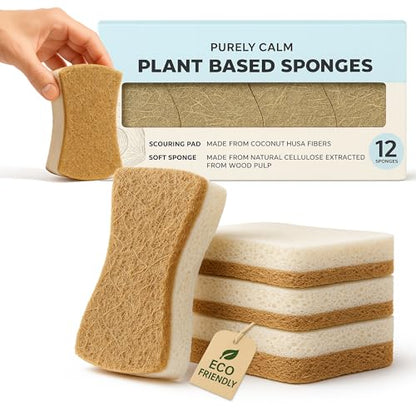 Plant Based Natural Sponge - Pack of 12 Cellulose Sponges, Safe on Non-Stick Cookware, Dual Sided Dish Sponge for Washing Dishes, Kitchen and Household