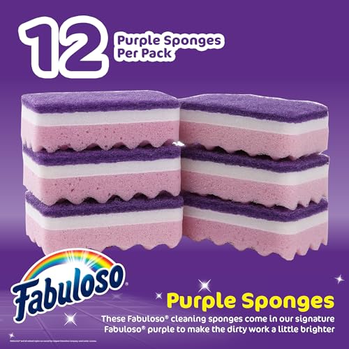 Fabuloso Scratch-Free Kitchen Dish Sponges, Purple Cellulose Scrubber Sponge with Scouring Pad for Dishes, Pots, Pans, Counters and Sinks, Tough on Messes, 4.25 x 2.75 x 1.25 in, 12 Count - color: Purple, size: 12 Count (Pack of 1)