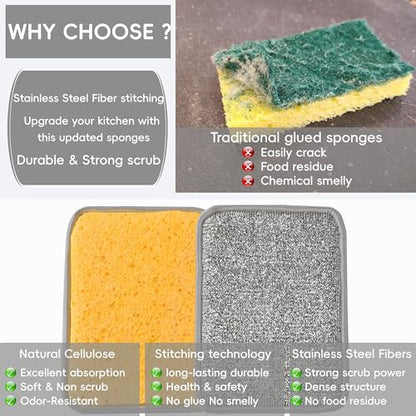 METUUTER 12 Packs Kitchen Sponges Stitching with Stainless Steel Fibers - 5.5x4 in Soft Cleaning Sponge for Non-Stick Pans, Dishes & Tough Grease Odor-Resistant, Durable Dish Sponges - color: Yellow