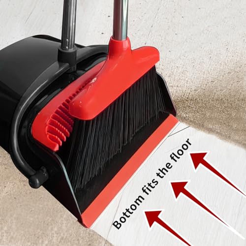 Broom with Dustpan Combo Set 54" Long Handle Adjustable Length Stainless Steel Broomstick Standing Dust Pan and Broom Set for Office Home Kitchen Lobby Floor Cleaning (Red and Black) - color: Black and Red