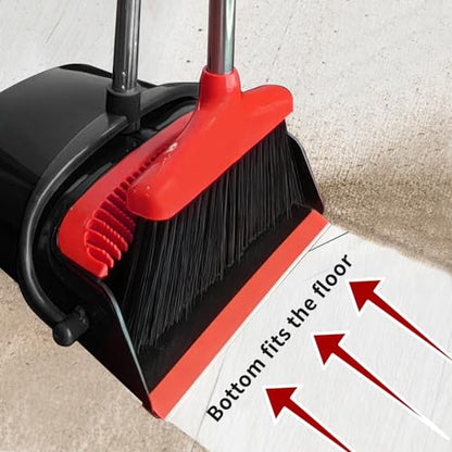 Broom with Dustpan Combo Set 54" Long Handle Adjustable Length Stainless Steel Broomstick Standing Dust Pan and Broom Set for Office Home Kitchen Lobby Floor Cleaning (Red and Black) - color: Black and Red