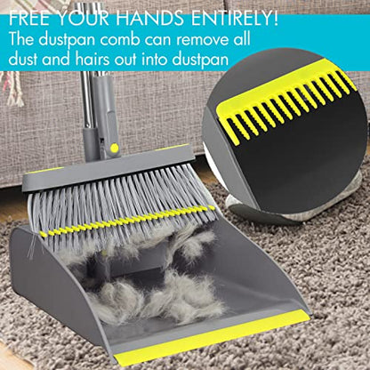 2-Pack Broom and Dustpan Combo Set, 48" Long Adjustable Handle Stand Up Dustpan with Self-Cleaning Teeth, Ideal for Home, Office, Kitchen, Indoor & Outdoor Use, Grey