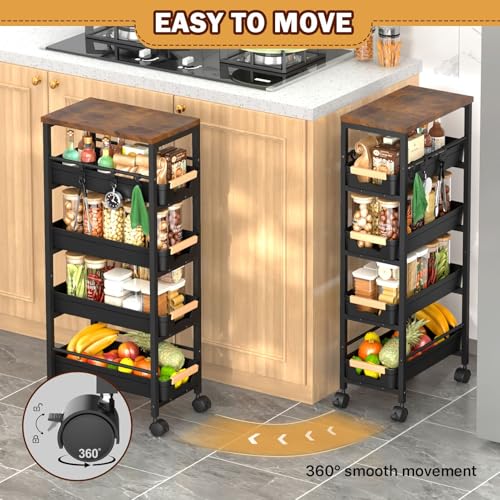 SUNALLY Slim Storage Cart with Pull-Out Baskets, 5-Tier Rolling Kitchen Cart with Wooden Top & Lockable Wheels, Narrow Space Utility Cart Organizer for Kitchen, Bathroom, Laundry Room, Black - color: Black
