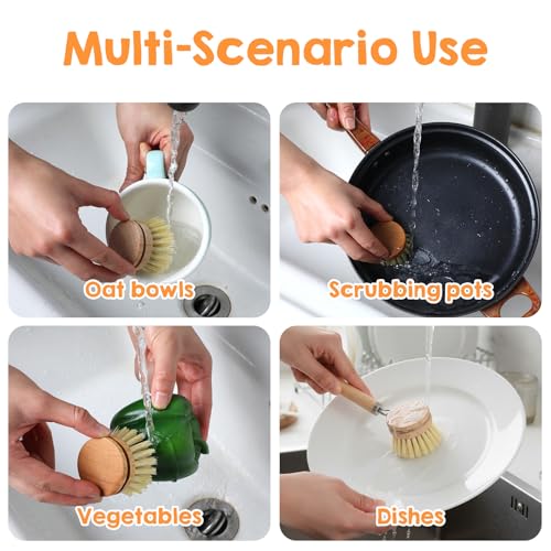 11 Pcs Bamboo Dish Brush Set, Multifunctional Bamboo Dishwashing Scrub Brush with Natural Sisal Bristles, Wooden Handle Dish Brush with Replacement Heads for Cleaning Pots Dishes Pans Vegetables