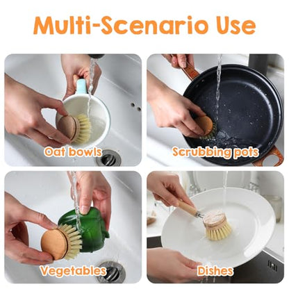 11 Pcs Bamboo Dish Brush Set, Multifunctional Bamboo Dishwashing Scrub Brush with Natural Sisal Bristles, Wooden Handle Dish Brush with Replacement Heads for Cleaning Pots Dishes Pans Vegetables