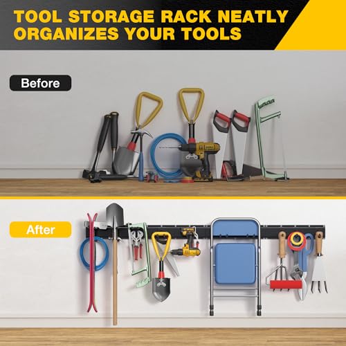 Garage Tool Organizer Wall Mount with 64 inches Rails and 10 Adjustable Heavy-Duty Hooks, Garden Tool Organizer, 14 Pack Carries 630 lbs, Heavy Duty Garage Storage Rack For Yard, Shed, Easy to install - size: 64 inch with 4 Panels & 10 Hooks