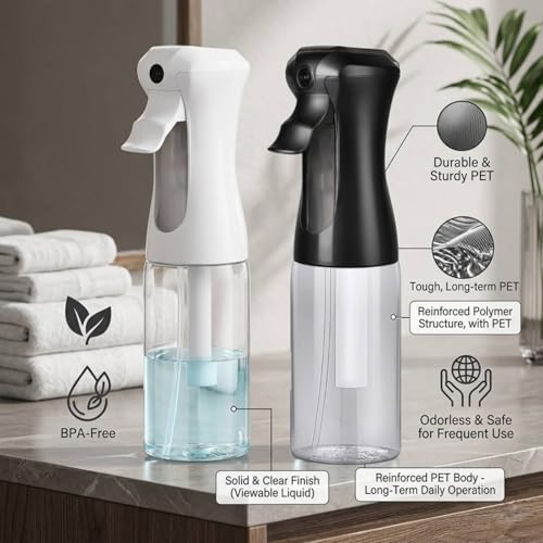 VIGOR PATH 200ml Continuous Mist Spray Bottle for Hair Plants and Skin Care | Ultra Fine Atomizer Leak Proof Ergonomic Construction 360 Refillable - size: 6.7oz - Black and Clear