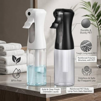 VIGOR PATH 200ml Continuous Mist Spray Bottle for Hair Plants and Skin Care | Ultra Fine Atomizer Leak Proof Ergonomic Construction 360 Refillable - size: 6.7oz - Black and Clear