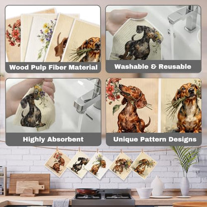 5 Pcs Cute Dachshund & Flower Swedish Dishcloths, Puppy Themed Swedish Dishcloth, Artistic Dish Cloths for Drying Dishes, Reusable Cleaning Cloths, Housewarming Gifts for Women - color: Lm 04242